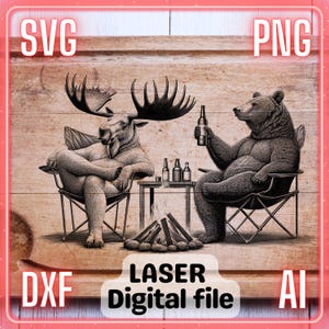 Grappige eland en beer kampvuur chill | Lasergraveerbestand PNG SVG-charcuteriebord, snijplank | LightBurn, Glowforge, Xtool