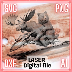 Bär und Elch auf einem Jet-Ski | Laser Gravur Datei PNG SVG Charcuterie Brett, Schneidebrett | LightBurn, Glowforge, Xtool