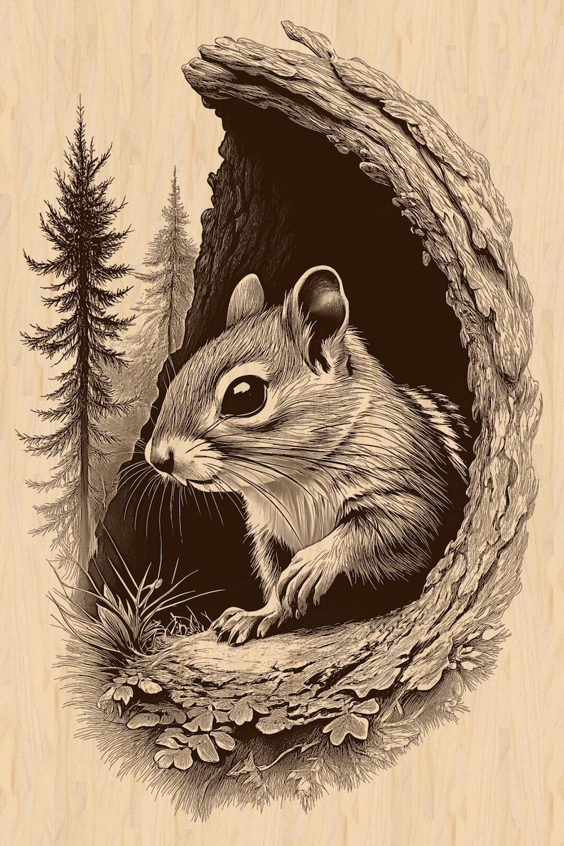 Chipmunk Treedraw Squirrel in Hollow Tree Laser Engrave PNG File: Wild Nature Art ...