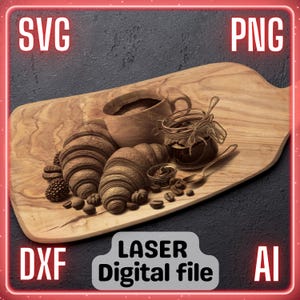 Kaffee Mit Croissant | Laser Gravur Datei PNG SVG Holz, Untersetzer, Charcuteriebrett, Schneidebrett | LightBurn, Glowforge, Xtool