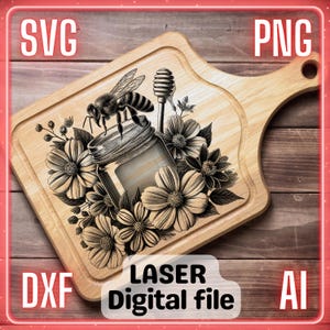 Scène met bloemen honingbij | Lasergraveerbestand PNG SVG-bestand: hout, onderzetters, charcuteriebord, snijplank | LightBurn, Glowforge, Xtool