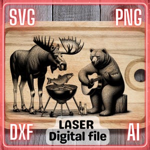 Elch grillender Fisch Bär spielt Gitarre Lasergravur-Datei PNG SVG Charcuteriebrett, Schneidebrett | LightBurn, Glowforge, Xtool