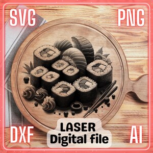 Sushi Rolle | Laser Gravur Datei PNG SVG Holz, Untersetzer, Charcuteriebrett, Schneidebrett | LightBurn, Glowforge, Xtool