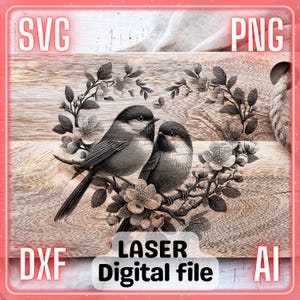 Vögel Blumen Rahmen Liebe | Laser Gravur Datei PNG SVG Holz Untersetzer, Charcuteriebrett, Schneidebrett | LightBurn, Glowforge, Xtool