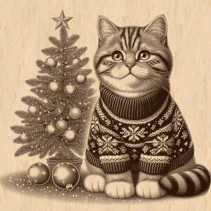 May include: A brown and white tabby cat wearing a black and white knitted sweater with a snowflake pattern. The cat is sitting next to a small Christmas tree decorated with red and gold ornaments.