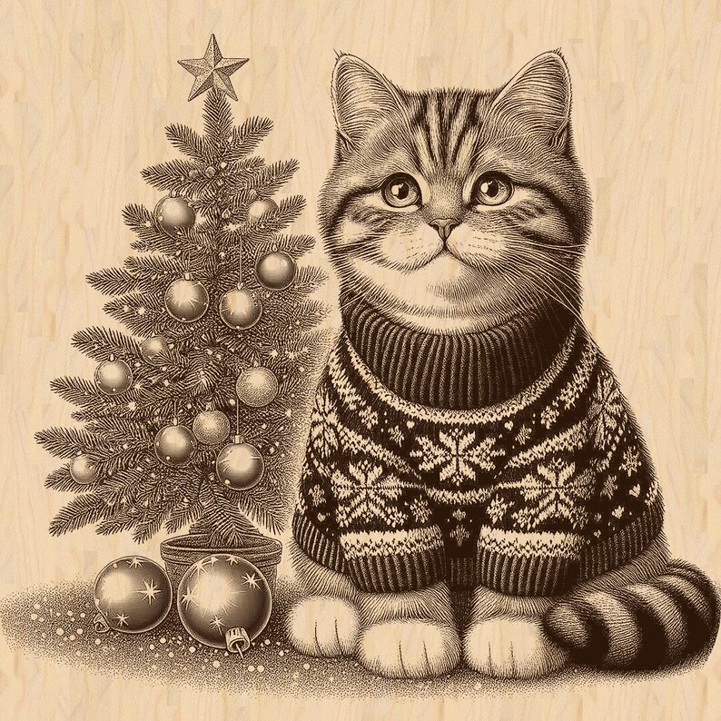 May include: A brown and white tabby cat wearing a black and white knitted sweater with a snowflake pattern. The cat is sitting next to a small Christmas tree decorated with red and gold ornaments.
