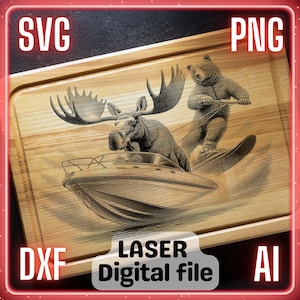 Elch fahren Boot, Bär Wasserski | Laser Gravur Datei PNG SVG Charcuterie Brett, Schneidebrett | LightBurn, Glowforge, Xtool