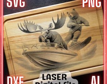 Moose Driving Boat, Bear Water Skiing | Laser Engrave File PNG SVG Charcuterie board, Cutting Chopping Board | LightBurn, Glowforge, Xtool