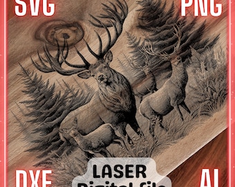 May include: A digital file of a laser cut design featuring a detailed illustration of a stag with large antlers in a forest setting. The design includes the text "SVG, PNG, DXF, AI, LASER Digital File".