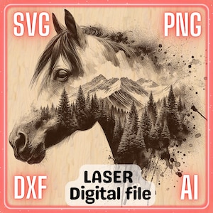 Bergbos paard | Lasergraveerbestand PNG SVG-bestand: hout, onderzetters, charcuteriebord, snijplank | LightBurn, Glowforge, Xtool