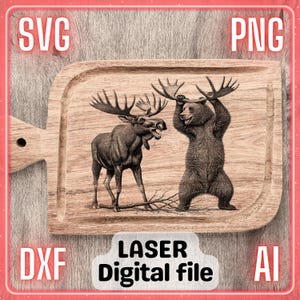 Grappige beer bootst eland na met gewei | Lasergraveerbestand PNG SVG-charcuteriebord, snijplank | LightBurn, Glowforge, Xtool