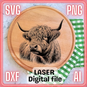 Highland Kuh Bauernhof | Laser Gravur Datei PNG SVG Holz, Untersetzer, Charcuteriebrett, Schneidebrett | LightBurn, Glowforge, Xtool