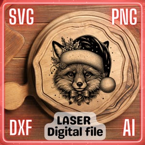 Renard de Noël | Fichier de gravure laser PNG SVG pour bois, planche de charcuterie sous-verres, planche à découper | LightBurn, Glowforge, Xtool