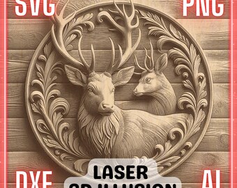May include: A laser cut 3D illusion design featuring two deer heads with intricate floral details. The design is carved into a wooden surface and has a rustic, natural aesthetic. The image includes the text "SVG, PNG, DXF, AI, LASER 3D ILLUSION".