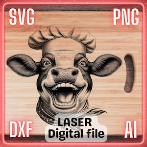 Lustig und niedlich Koch Kuh | Laser Gravur Datei PNG SVG Holz, Untersetzer, Charcuteriebrett, Schneidebrett | LightBurn, Glowforge, Xtool