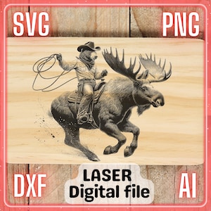 Cowboys – Ein Bär reitet auf einem Elch | Laser-Gravur-Datei PNG SVG | Holz | Charcuterie Schneidebrett Schneidebrett | LightBurn, Glowforge, Xtool