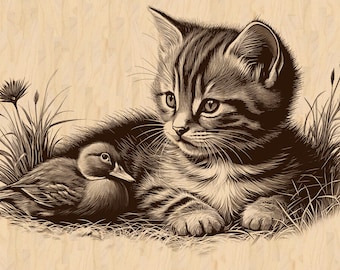 May include: A sepia-toned illustration of a kitten and a duckling lying together in grass. The kitten has striped fur and is looking to the side. The duckling is nestled next to the kitten. The background is a light wood grain.