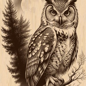 Può includere: Illustrazione in seppia di un grande gufo cornuto posato su un ramo. Il gufo, con piume dettagliate e occhi intensi, è la figura centrale. Una luna piena e pini sagomati completano la scena della foresta.