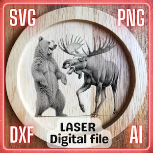 Lustiger Elch und Bär lachend | Laser Gravur Datei PNG SVG für Holz Charcuteriebrett, Schneidebrett | LightBurn, Glowforge, Xtool