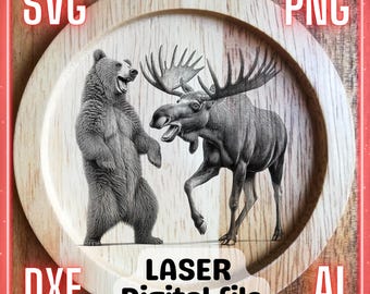 Funny Moose and Bear Laughing | Laser Engrave File PNG SVG for Wood Charcuterie board, Cutting Chopping Board | LightBurn, Glowforge, Xtool