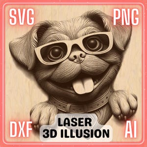 3D Illusion Lustiger Hund | Laser Gravur Datei PNG SVG Holz, Untersetzer, Charcuteriebrett, Schneidebrett | LightBurn, Glowforge, Xtool