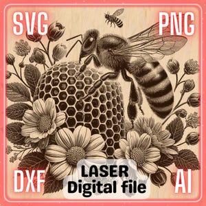 Bienen-Wabenblume | Laser Gravur Datei PNG SVG Holz, Untersetzer, Charcuteriebrett, Schneidebrett | LightBurn, Glowforge, Xtool