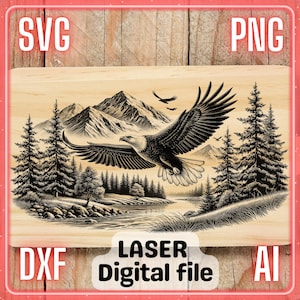 Eagle Nature Mountains / File di incisione laser PNG SVG Legno, Sottobicchieri, Tagliere per salumi, Tagliere da taglio / LightBurn, Glowforge, Xtool