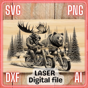 Grappige beer en eland achtervolgen op motorfietsen Lasergraveerbestand PNG SVG-charcuteriebord, snijplank | LightBurn, Glowforge, Xtool