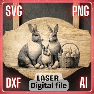 Famille de lapins de Pâques | Fichier de gravure laser PNG SVG bois, sous-verres, planche de charcuterie, planche à découper | LightBurn, Glowforge, Xtool