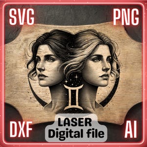 Op de afbeelding: Een digitaal bestand voor lasersnijden met een gedetailleerde illustratie van het sterrenbeeld Tweelingen. De illustratie toont twee vrouwen gezichten met een gestileerd sterrenpatroon en het Tweelingen-symbool.