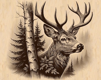 May include: A detailed sepia-toned illustration of a deer with large antlers, set against a backdrop of trees and a forest. The artwork features a detailed rendering of the deer's face and fur, with a textured background.