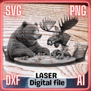 Orso e alce che giocano a poker / File PNG SVG con incisione laser / Tagliere in legno per salumi, tagliere / LightBurn, Glowforge, Xtool