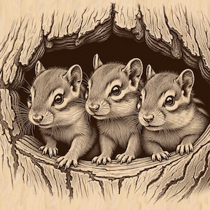 May include: Sepia-toned illustration of three chipmunks peeking out from a tree hollow. The chipmunks have detailed fur and large eyes, with the tree bark rendered in textured lines. The background is a light beige.