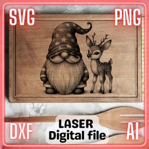 Kerstkabouter met hert | Lasergraveerbestand PNG SVG-onderzetters, charcuteriebord, snijplank | LightBurn, Glowforge, Xtool