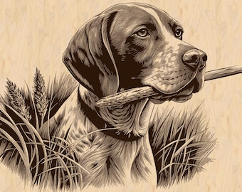May include: Detailed sepia-toned illustration of a dog, holding a stick in its mouth, set in tall grass. The dog has a white and brown coat, with a focused expression. The artwork is set against a light wood grain background.
