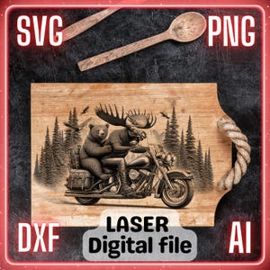 Lustiger Bär und Elch jagen auf dem Motorrad Lasergravur-Datei PNG SVG Charcuteriebrett, Schneidebrett | LightBurn, Glowforge, Xtool