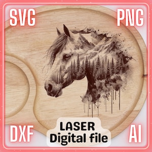 Pferd Natur Muster | Laser Gravur Datei PNG SVG Holz, Untersetzer, Charcuteriebrett, Schneidebrett | LightBurn, Glowforge, Xtool