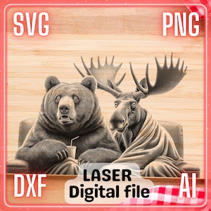 Bär und Elch schauen Horrorfilme | Laser-Gravur-Datei PNG SVG | Holz | Charcuterie Schneidebrett Schneidebrett | LightBurn, Glowforge, Xtool