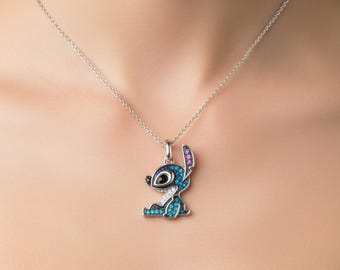 Lilo And Stitch Cartoon Character Pendant Necklace, Multi Color CZ Stone 925 Silver Pendant Necklace, Cute Stitch Necklace, Birthday Gift