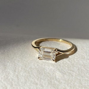 East West Emerald Cut Moissanite Diamond Ring, Split Shank Solitaire Ring, Classic Engagement Ring, Daily Wear Ring For Her, Birthday Gift