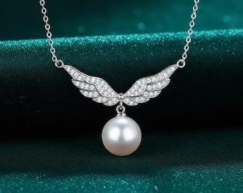 Angel Wings Pearl Necklace, 925 Silver Wing Pendant, Round CZ Pearl Drop Necklace, Bridal Gift Jewelry, Guardian Angel Necklace,Gift For Her