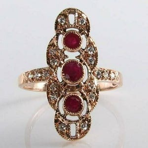 Anillo de boda de estilo Art Déco vintage, anillo de cena de oro rosa de 14k, anillo de compromiso con piedra de rubí redonda de circonita cúbica, anillo de cóctel para fiestas de mujer