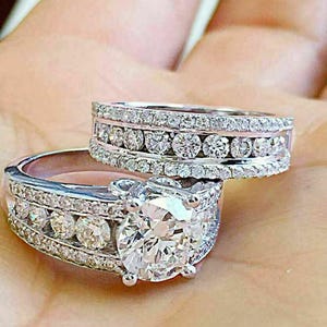 Round Cut Moissanite Diamond Engagement Ring Set, Wedding Bridal Ring Set, Anniversary Gift For Wife, 925 Silver Stackable Ring Set For Her