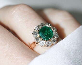 14K Yellow Gold Vintage Style Ring, Antique Art Deco Gemstone Ring, Green Asscher & Round Cut CZ Stone Halo Ring, Engagement Ring For Women