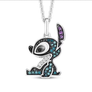 Lilo And Stitch Cartoon Character Pendant Necklace, Multi Color CZ Stone 925 Silver Pendant Necklace, Cute Stitch Necklace, Birthday Gift