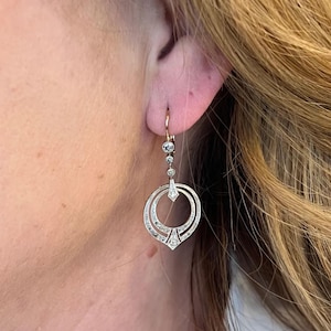Vintage Inspire Dangle Earring, Round Moissanite Diamond Art Deco Earring, Lever Back Drop Earring, Two Tone Gold Edwardian Earring For Her
