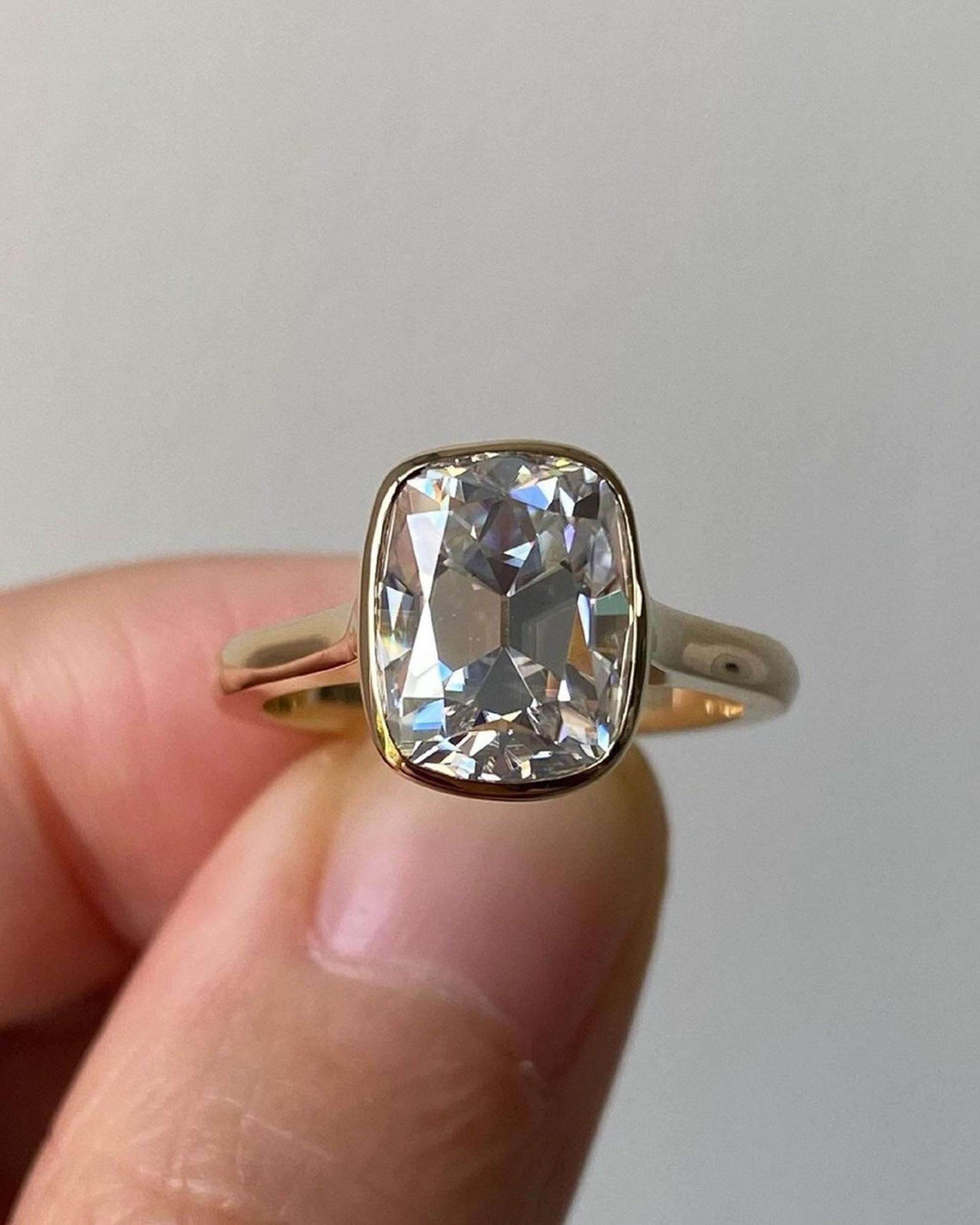 Bezel Set Cushion Cut Moissanite Diamond Ring, 14K Yellow Gold Solitaire Ring, Minimalist Proposal Ring, Wedding Anniversary Gift For Wife