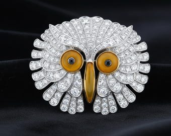 Owl Brooch Pin, Round CZ Stone Owl Jewelry, Wise Owl Insect Bird Brooch, Nature Inspired Jewelry, Halloween Owl Brooch, Party Wear Brooch