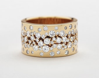 Flush Set Round Cut Moissanite Diamond Wedding Band, 18K Yellow Gold Cigar Band, Party Wear Wide Band, Engagement Proposal Band For Her