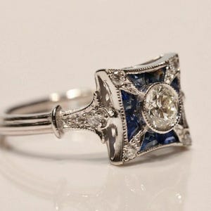 Anillo de compromiso Art Déco antiguo, baguette azul y circonita cúbica de corte europeo antiguo, anillo victoriano, anillo de bodas de estilo vintage, anillo de plata 925